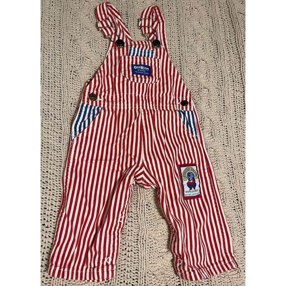 Baby Oshkosh B’Gosh Vestabak Overalls Red White & Blue Striped 18M VTG USA RARE - Picture 2 of 8